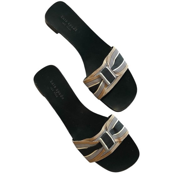Kate Spade New York Black and Tan Striped Bow Slide Sandals, Flats, Size 11B - Picture 1 of 13